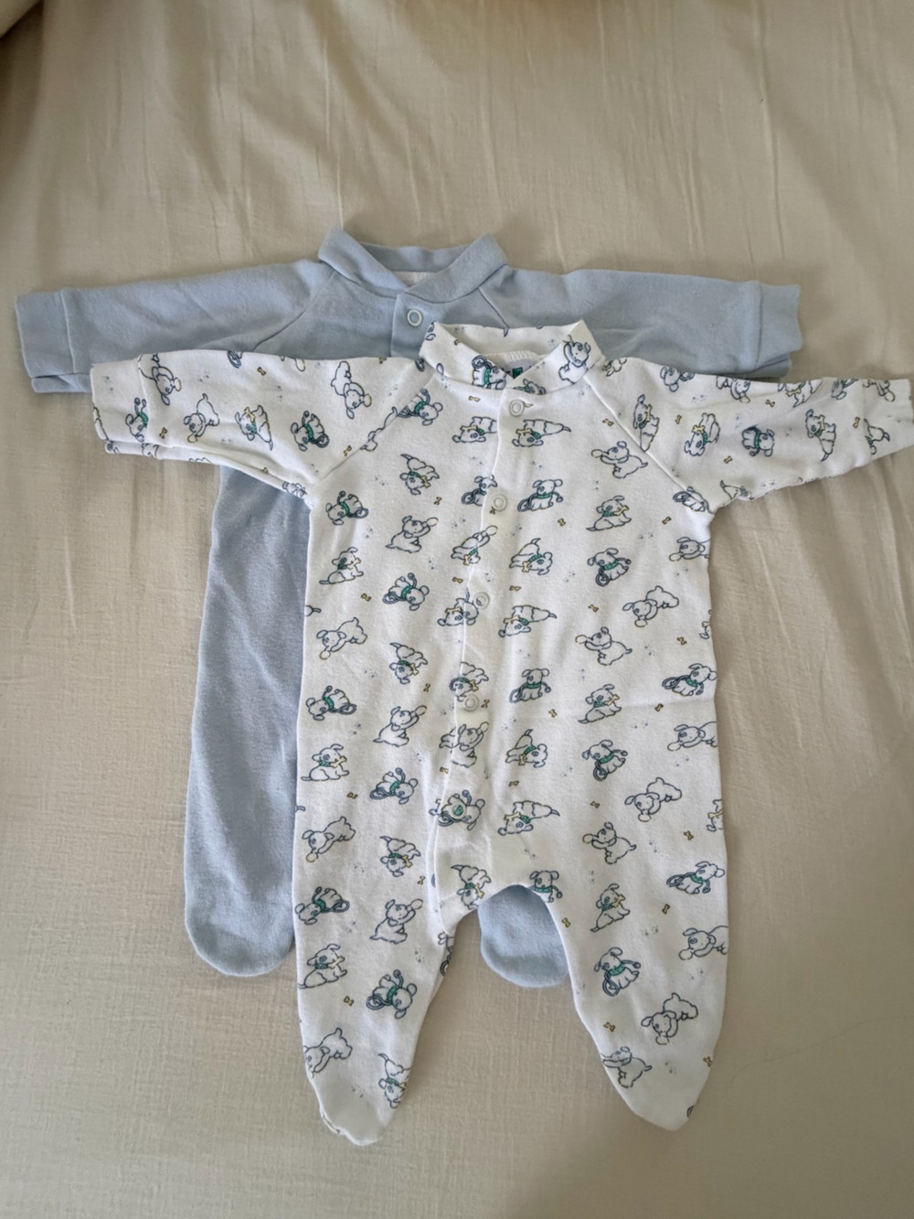 Baby Footed Cotton Sleepers 0-3 months White with Blue Dog Print & Light Blue